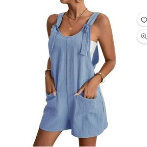 EMORY ROSE BLUE SLEEVELESS KNOT FRONT POCKET PATCHED OVERALL ROMPER SZ MED